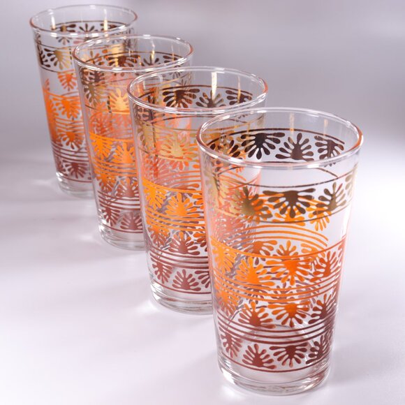 Federal Glass Juice Glasses 4 Bands of Acorn Leaves Autumn Colours MCM Set of 4 - Picture 2 of 4